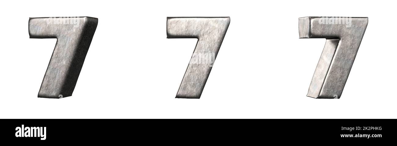 Nummer 7 (Sieben) aus einer Sammlung von zerkratzten Eisennummern. Isoliert. 3D-Rendering Stockfoto