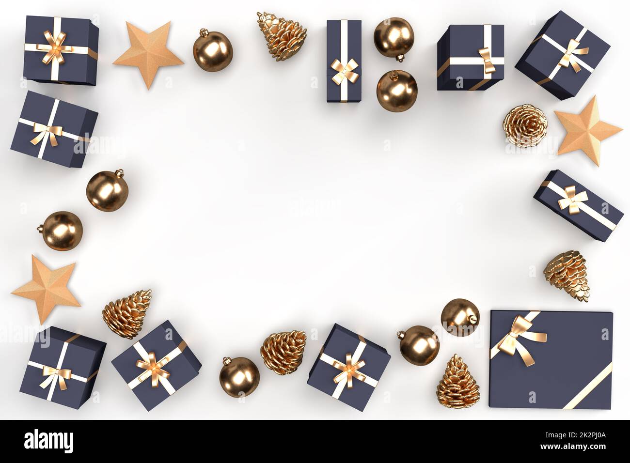 Rahmen aus Weihnachtsgeschenkschachteln und Dekorationen. 3D-Rendering Stockfoto