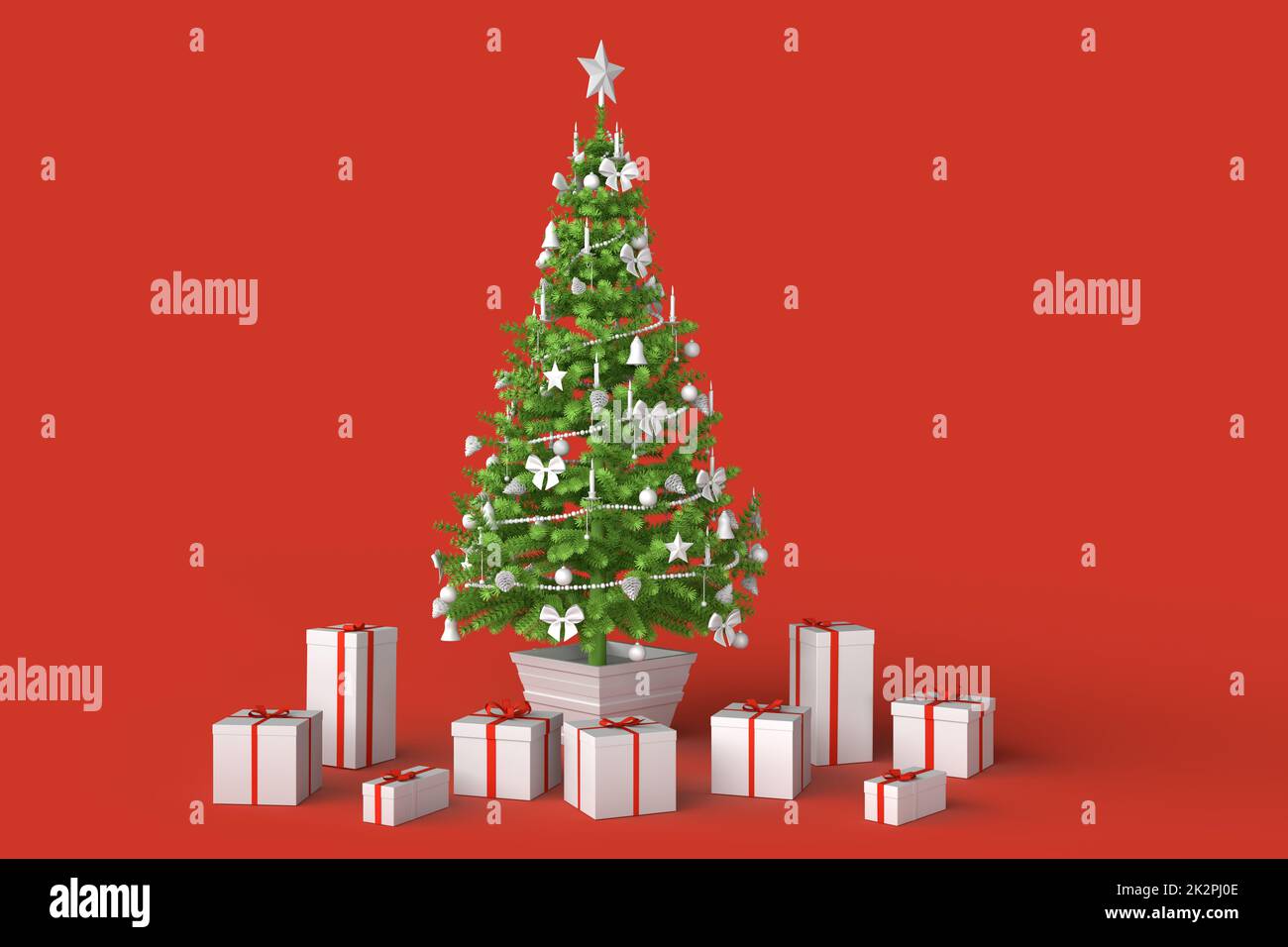 Minimalistischer Weihnachtsbaum mit Geschenkschachteln. 3D-Rendering Stockfoto