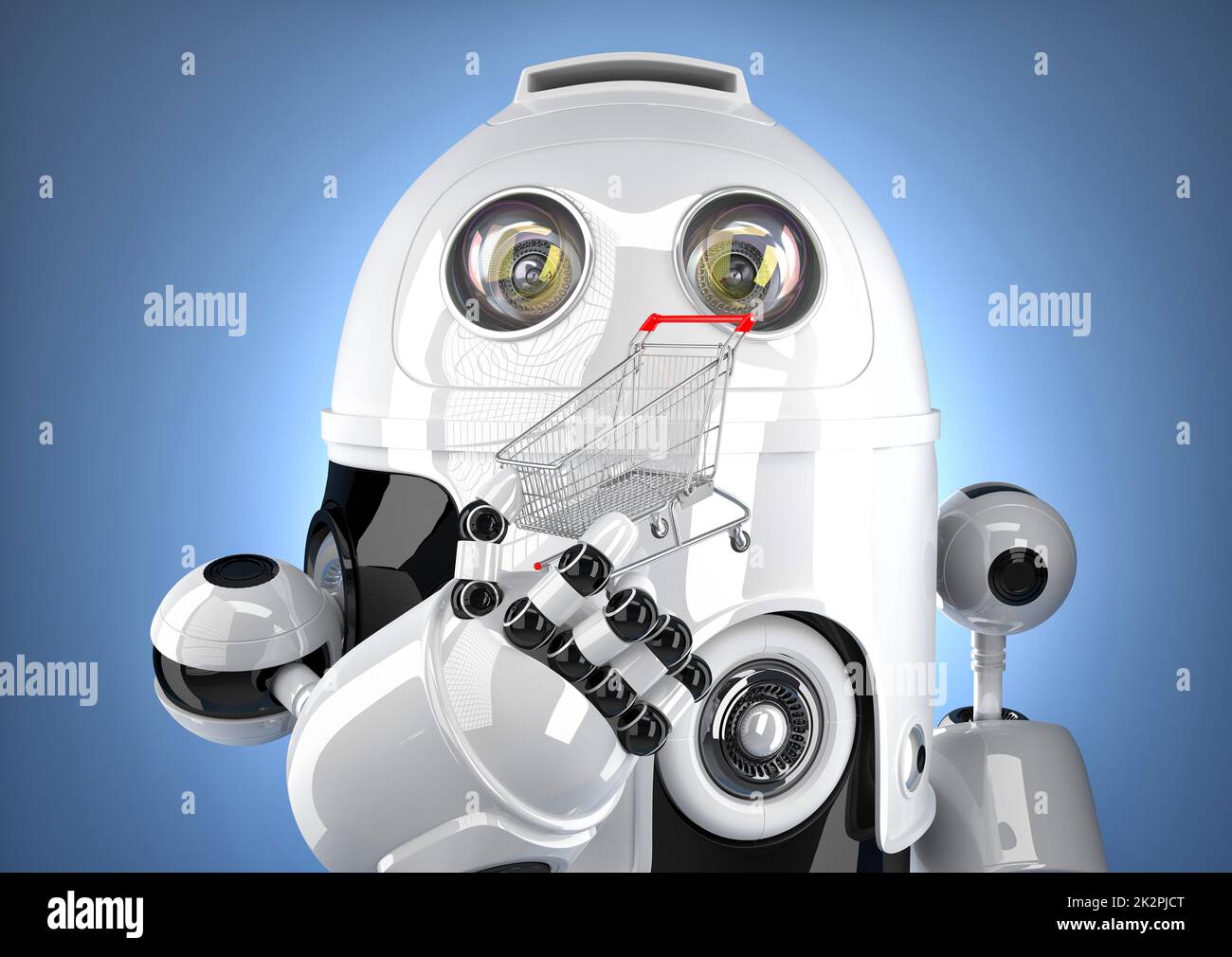 Roboter mit Warenkorb. Technologie-Konzept. Clipping-Pfad enthält Stockfoto
