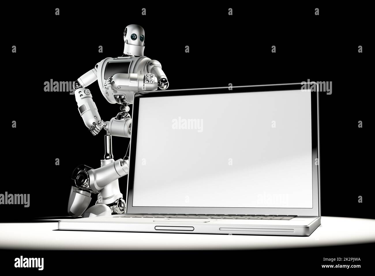 Roboter mit Laptop mit leerem Bildschirm. Bild-Container-Pfad des Laptopbildschirms und der gesamten Szene Stockfoto