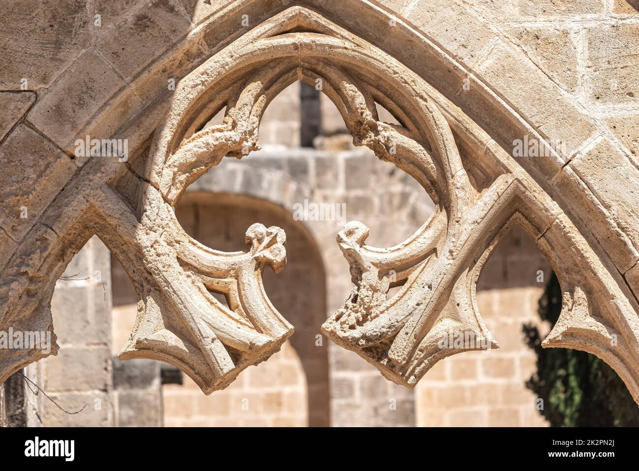 Detail der Ruinen der Abtei Bellapais. Kyrenia District, Zypern Stockfoto