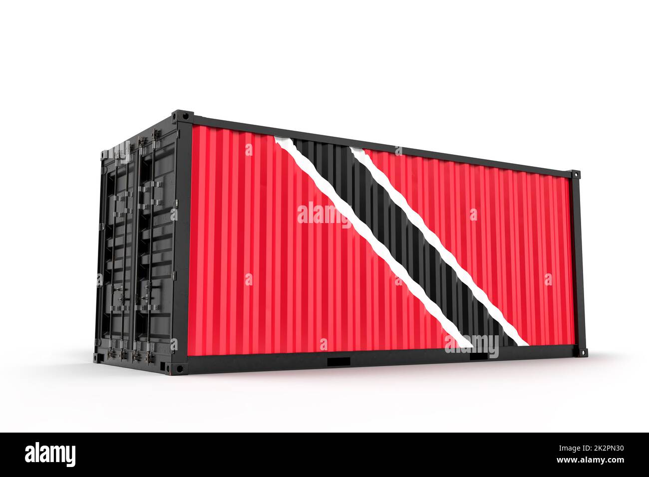 Realistischer Frachtcontainer strukturiert mit Flagge von Trinidad und Tobago. Isoliert. 3D Rendering Stockfoto