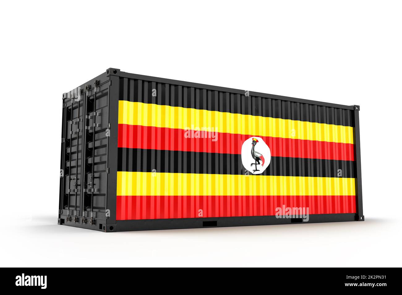 Realistischer Frachtcontainer strukturiert mit Uganda. Isoliert. 3D Rendering Stockfoto
