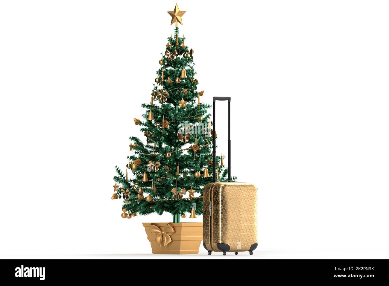 Festlicher Weihnachtsbaum und Koffer. Urlaubskonzept. Isoliert über Weiß. 3D-Rendering Stockfoto