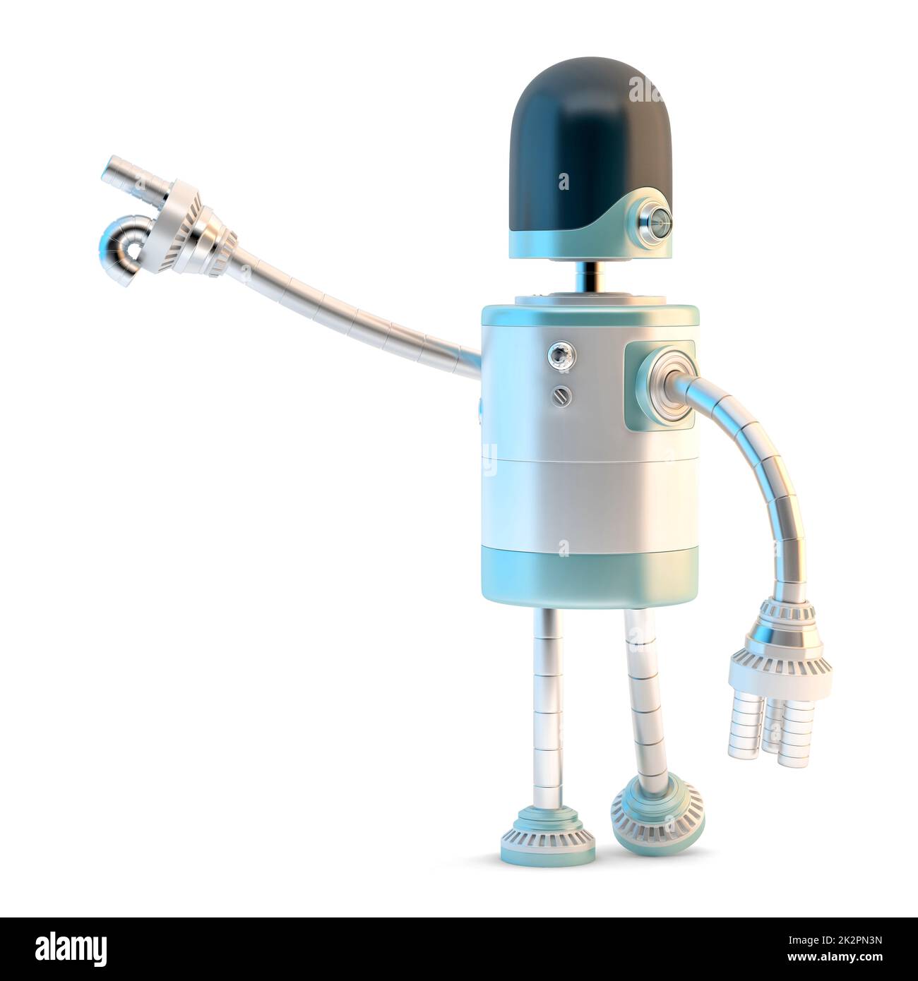 Der Roboter zeigt weg. 3D Abbildung. Isoliert Stockfoto