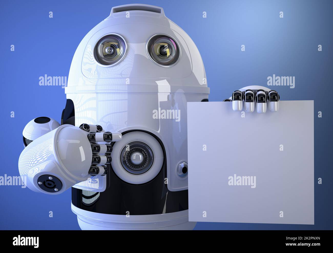 Roboter hält eine leere Tafel für Text oder Werbung. Isoliert. Enthält Beschneidungspfad Stockfoto
