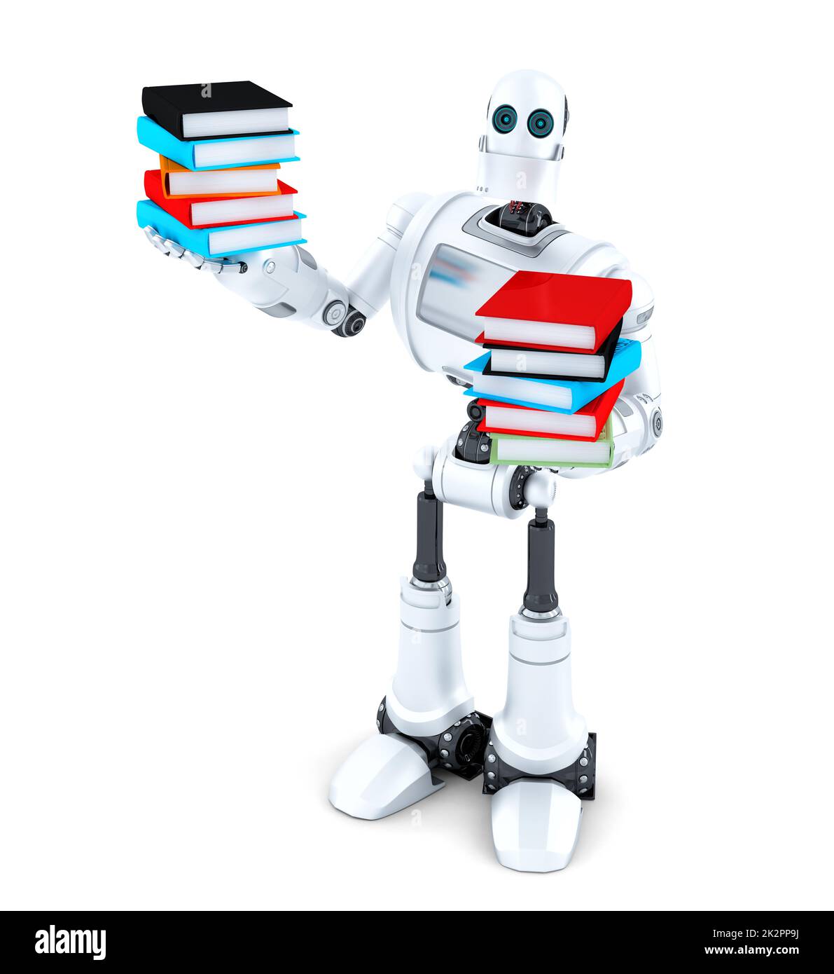 Roboter mit Büchern. Isoliert. Enthält Beschneidungspfad Stockfoto