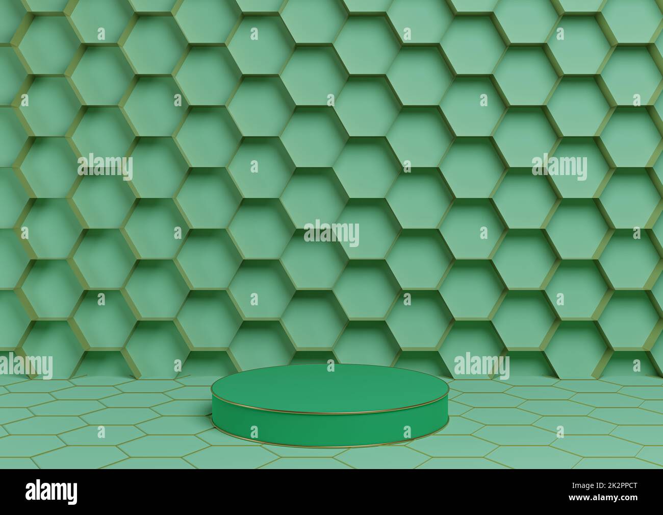 Leuchtendes türkisfarbenes Grün 3D-Rendering-Produkt-Podium luxuriöse goldene Wabenstruktur Abstrakter Hintergrund mit Flaschenständer Minimale, einfache Vorlage für Natur-Luxus-Honigprodukte Stockfoto