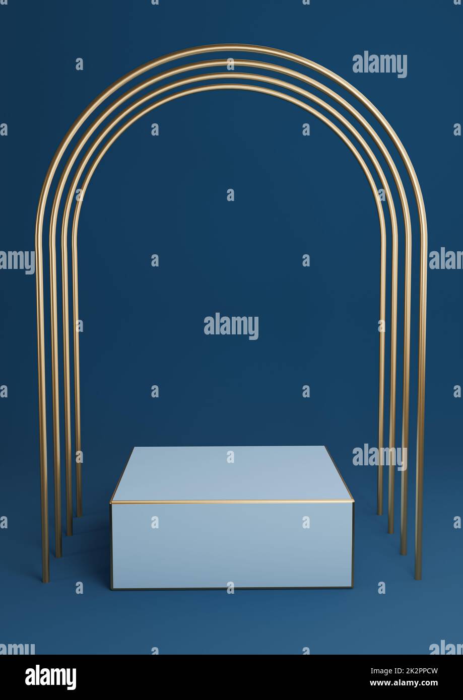 Dunkles, blaues 3D-Bild für minimalistische Produktpräsentation Würfelpodium oder Ständer mit luxuriösen goldenen Bögen und goldenen Linien. Einfache abstrakte Hintergrundkomposition. Stockfoto