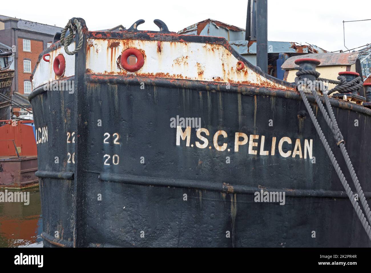 MSC Pelican Manchester Barge, 1956 ehemaliges Kanalkranboot aus Manchester, verwendet für Geschäfte und Bouy tender, zurückgezogen 1980 Stockfoto