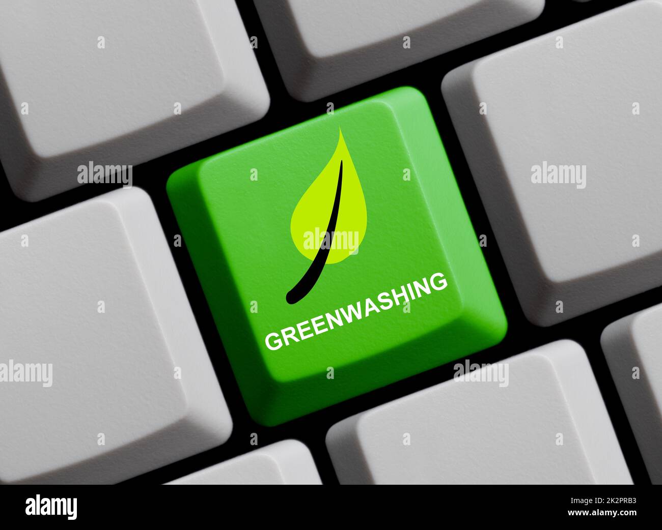 Leaf auf Tastatur - Greenwashing online - 3D Abbildung Stockfoto