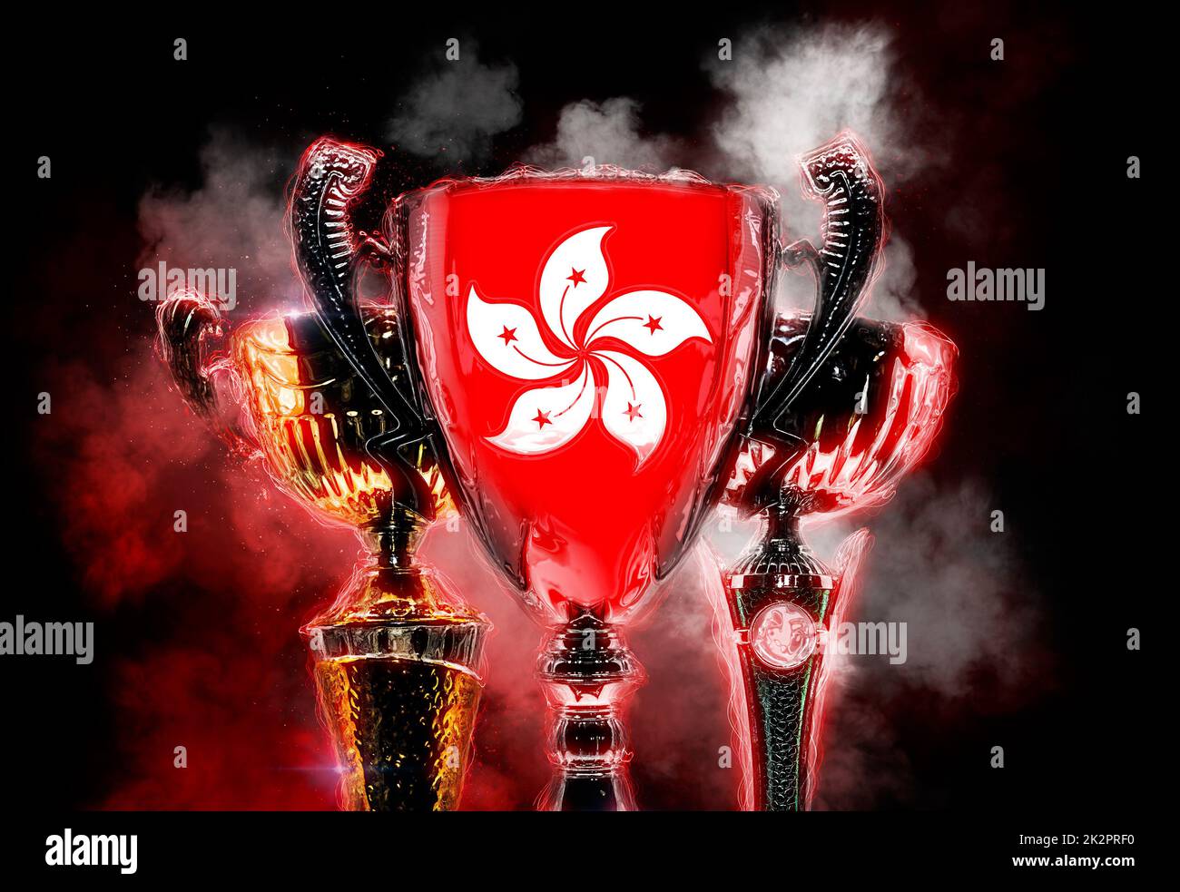 Trophäenbecher mit texturierter Flagge von Hongkong. 2D Digitale Darstellung Stockfoto