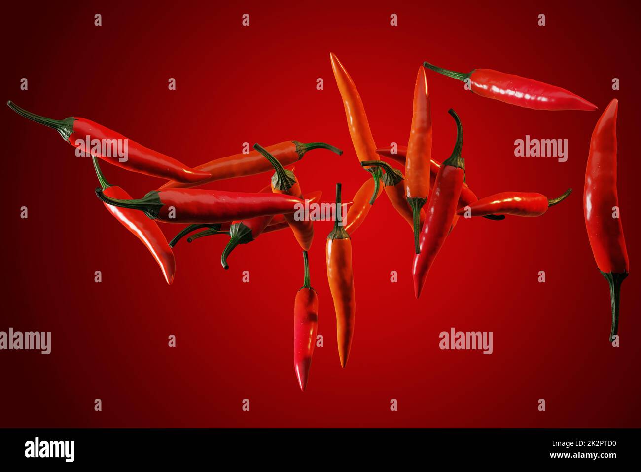 Viele rote Chili-Paprika vor rotem Hintergrund, scharfe Speisen, 3D-Rendering Stockfoto