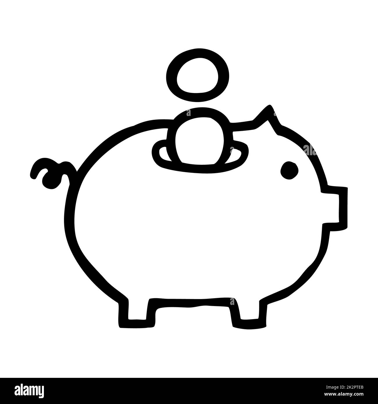 Doodle Sparschwein-Symbol oder -Logo, handgezeichnet mit dünner schwarzer Linie. Stockfoto