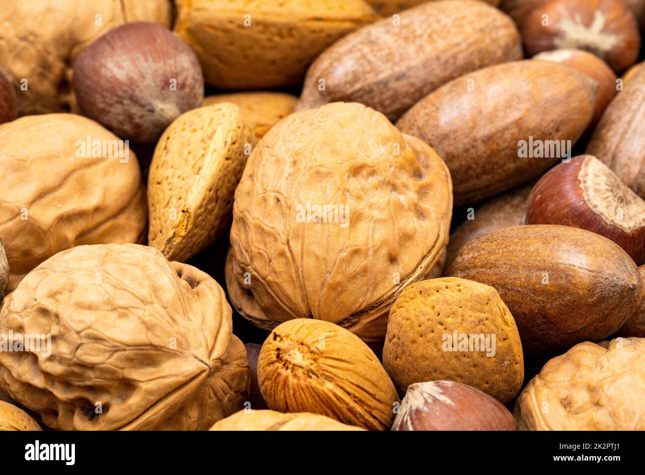 Verschiedene Nüsse, konzentriere dich auf die Walnuss Stockfoto