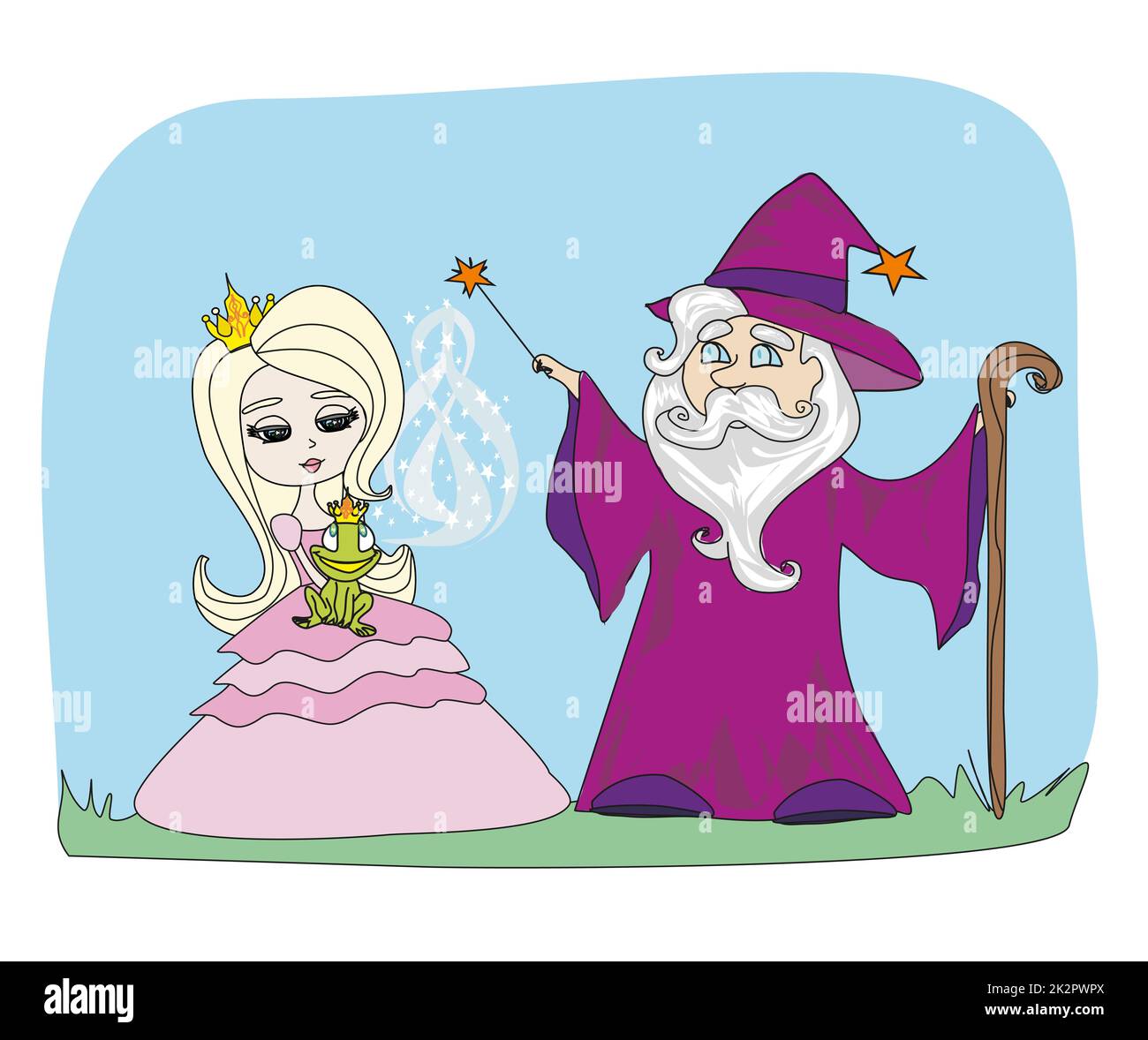 Cartoon Illustration Fantasy Zauberer mit magischen Zauberstab zaubern und verzauberten Frosch Stockfoto