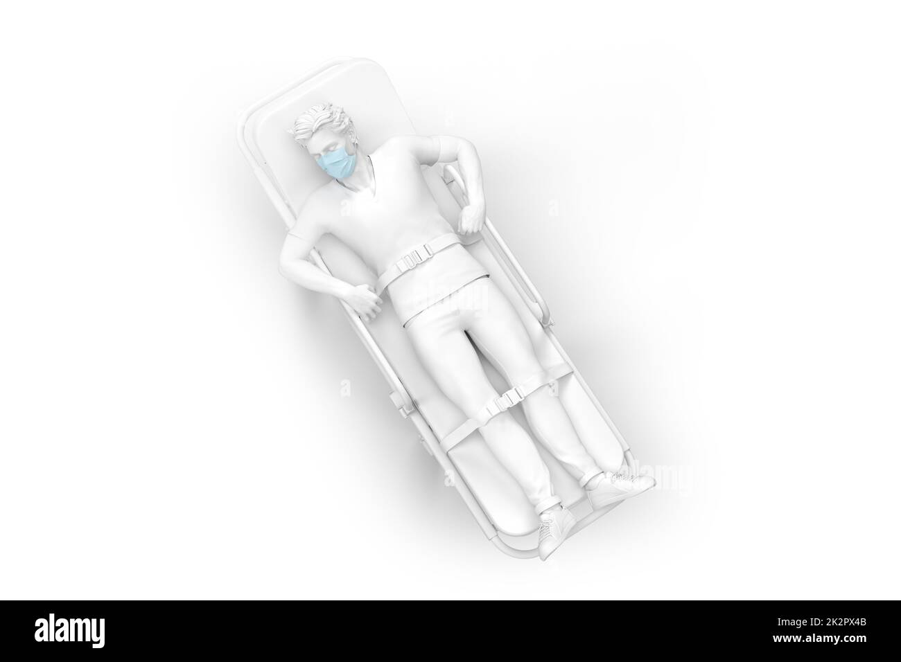Überkopfansicht eines Patienten in medizinischer Maske auf einer Krankenwagen-Bahre. 3D-Illustration. Isoliert auf Weiß Stockfoto