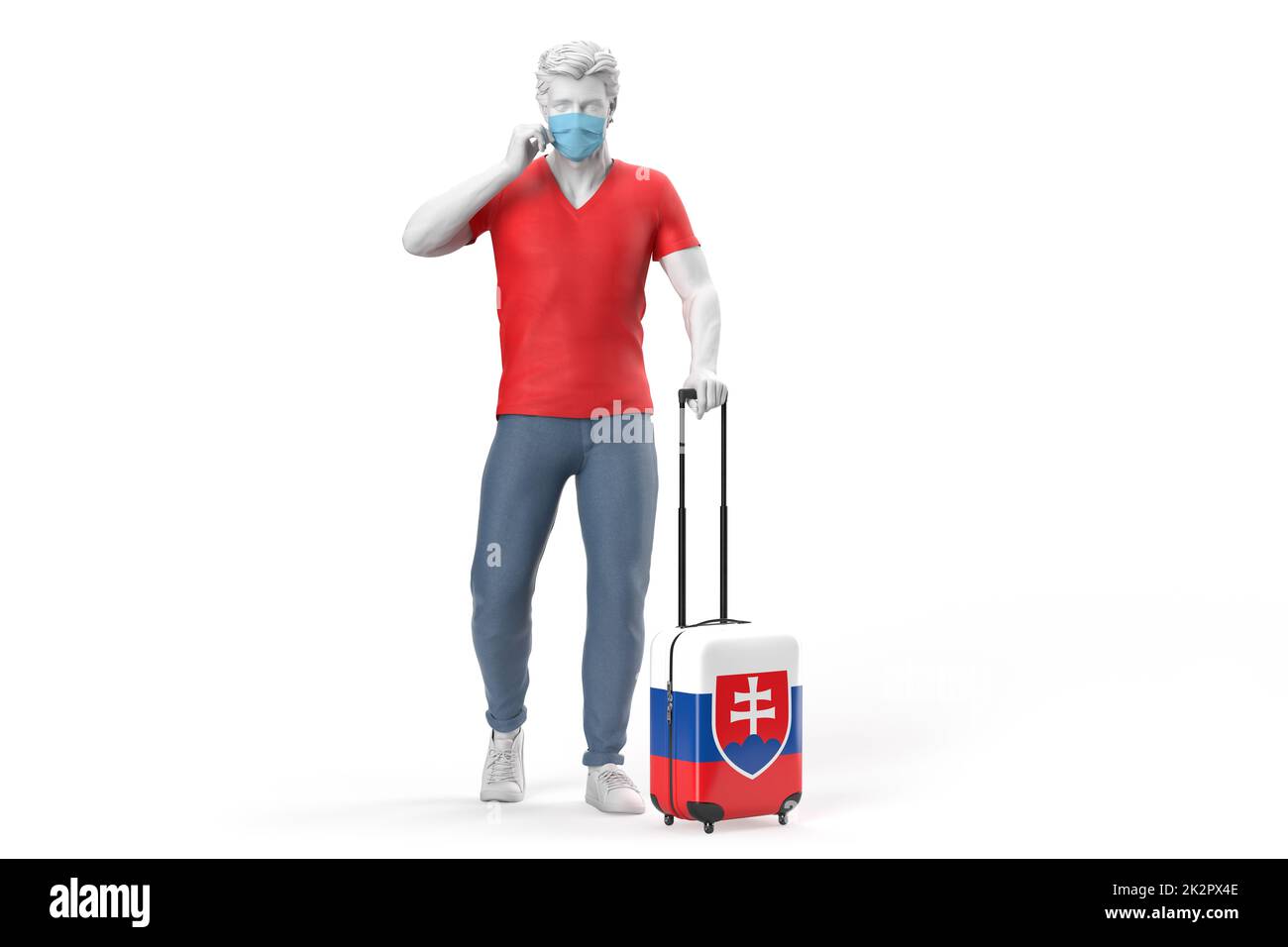 Mann trägt Gesichtsmaske zieht einen Koffer strukturiert mit Flagge von Slowenien. 3D-Illustration Stockfoto