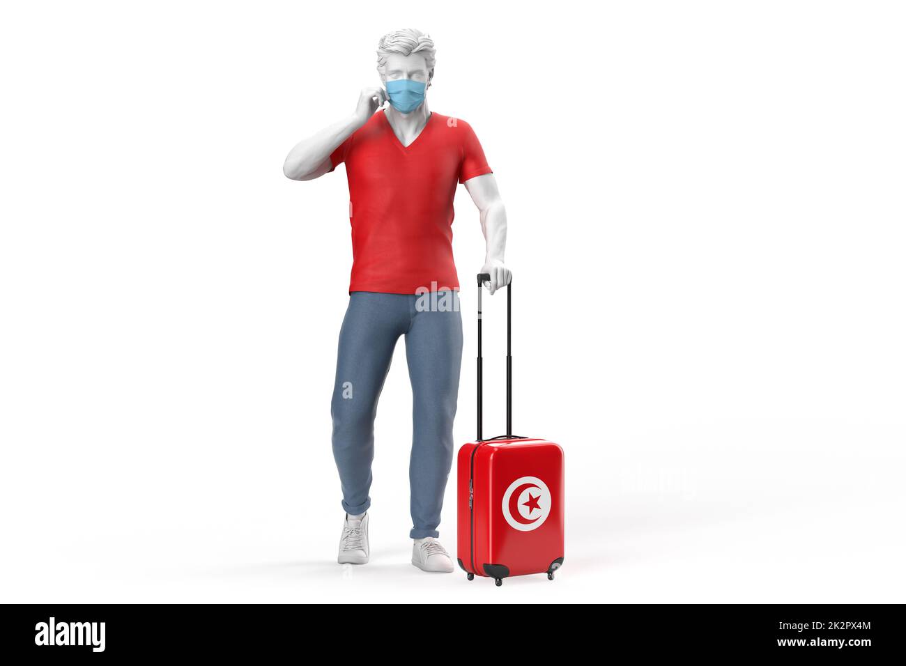 Mann trägt Gesichtsmaske zieht einen Koffer strukturiert mit Flagge von Tunesien. 3D-Illustration Stockfoto