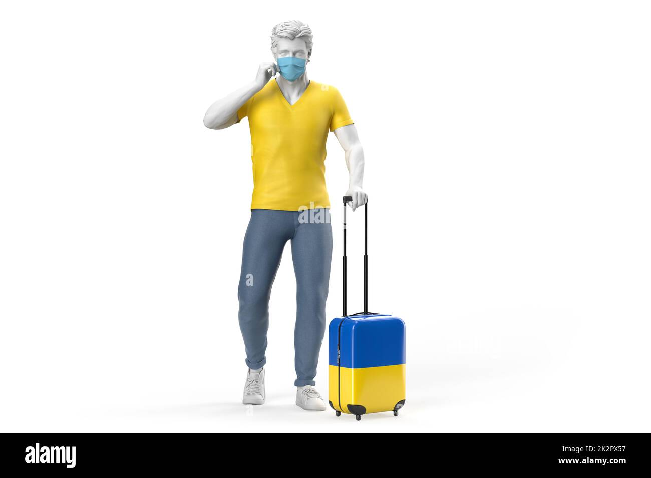 Mann trägt Gesichtsmaske zieht einen Koffer strukturiert mit Flagge der Ukraine. 3D-Illustration Stockfoto