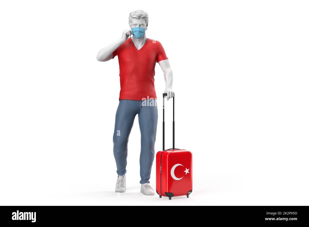 Mann trägt Gesichtsmaske zieht einen Koffer strukturiert mit Flagge der Türkei. 3D-Illustration Stockfoto