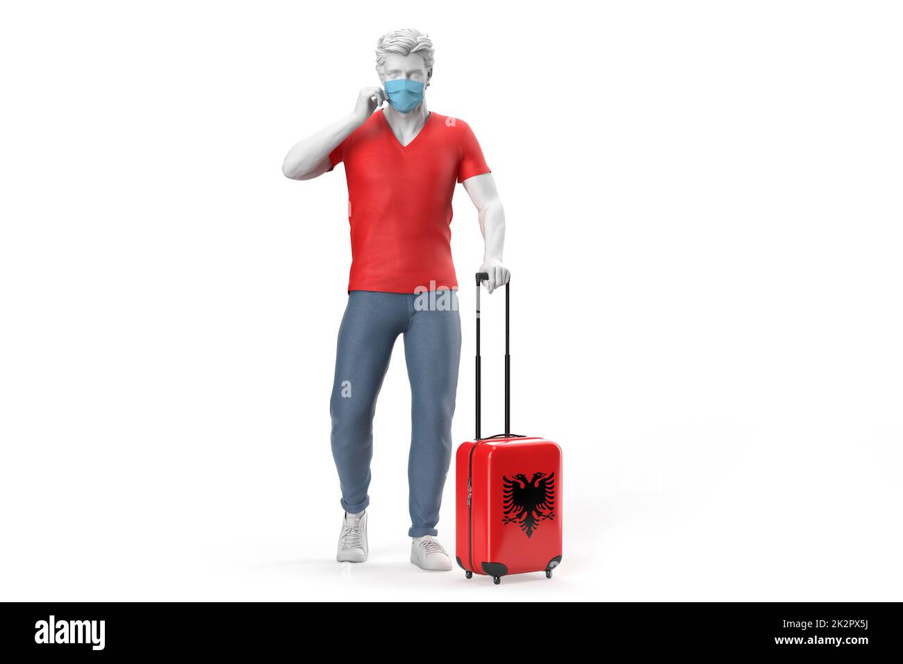 Mann trägt Gesichtsmaske zieht einen Koffer strukturiert mit Flagge von Albanien. 3D-Illustration Stockfoto