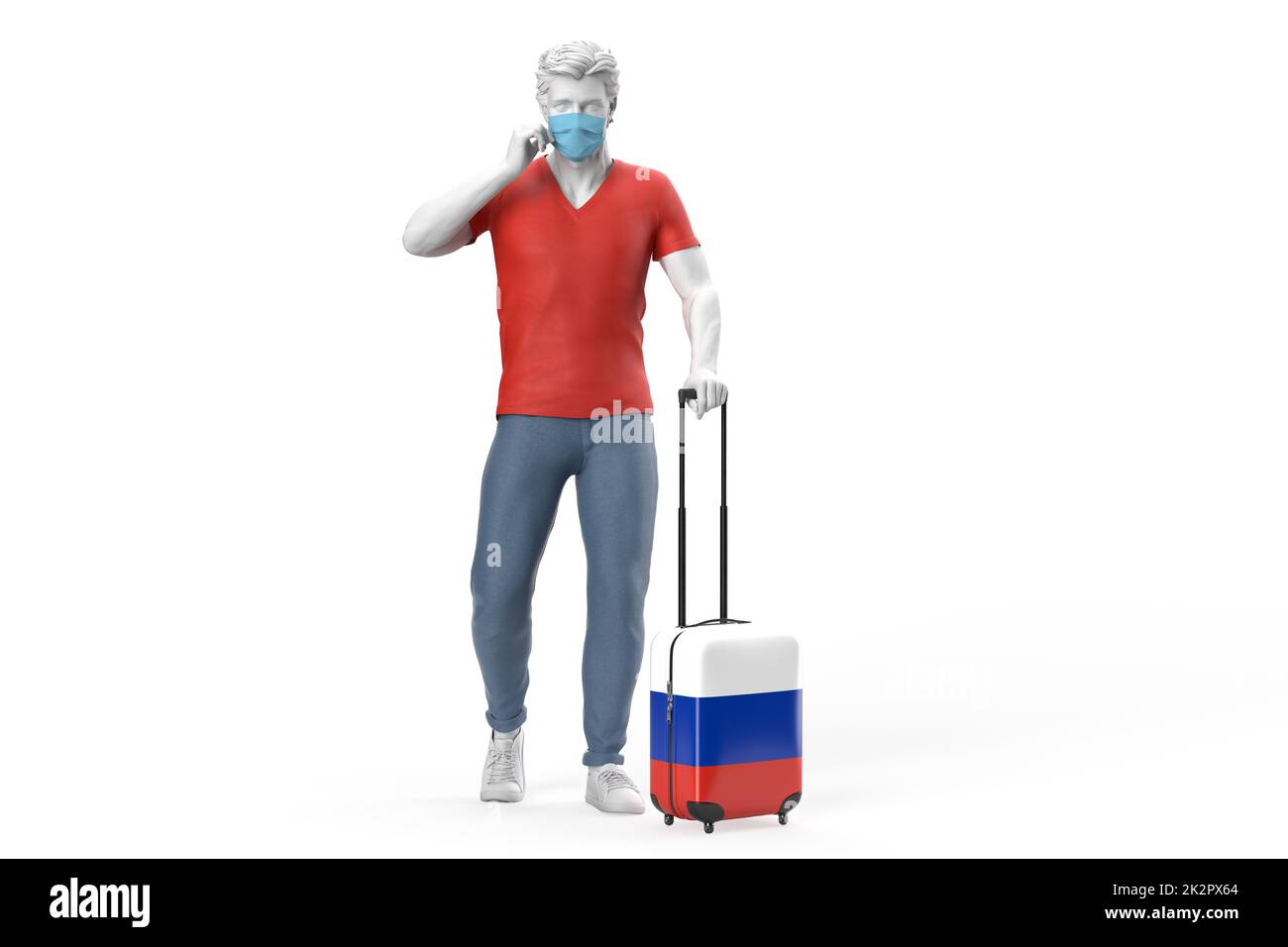 Mann trägt Gesichtsmaske zieht einen Koffer strukturiert mit Flagge von Russland. 3D-Illustration Stockfoto