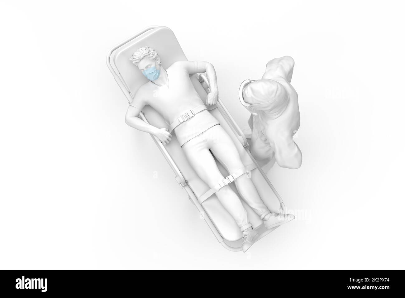 Ansicht des Arztes in Schutzkleidung und des kranken Patienten auf einer Liege von oben. 3D-Illustration Stockfoto