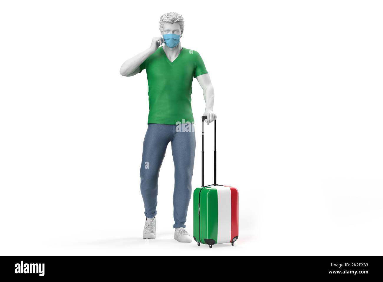 Mann trägt Gesichtsmaske zieht einen Koffer strukturiert mit Flagge von Italien. 3D-Rendering Stockfoto