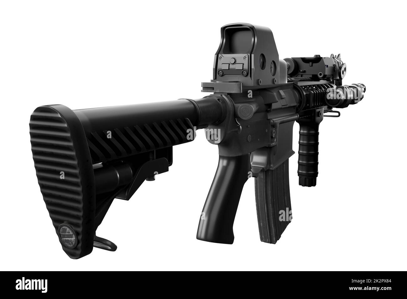 Rückansicht des modernen automatischen Gewehr mit Kollimatoroptik. Isoliert. 3D-Rendering Stockfoto