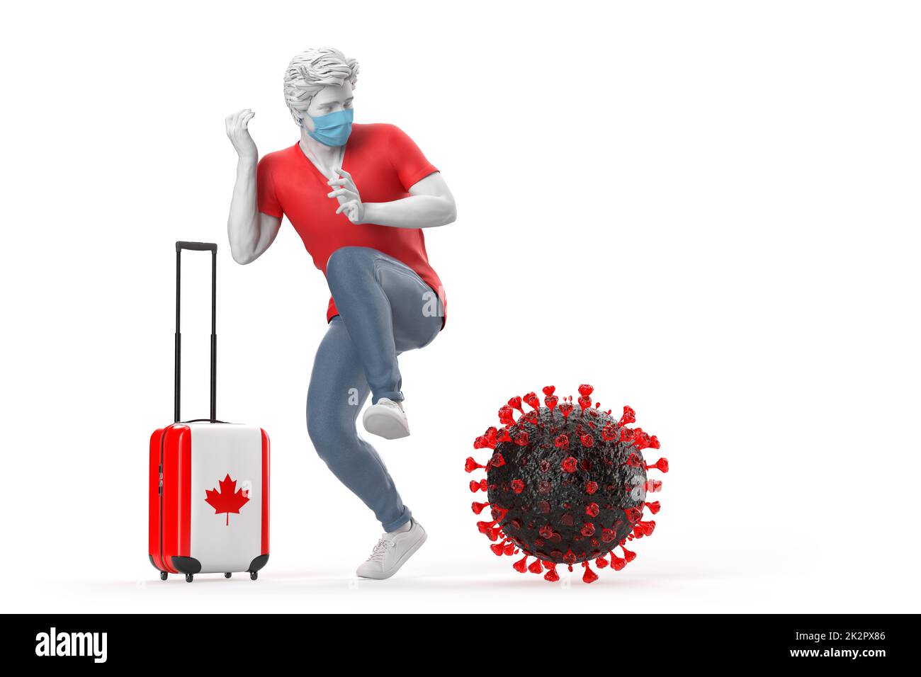Touristen, die nach Kanada reisen, haben Angst vor dem Virus-Molekül. Pandemiekonzept. 3D-Illustration Stockfoto