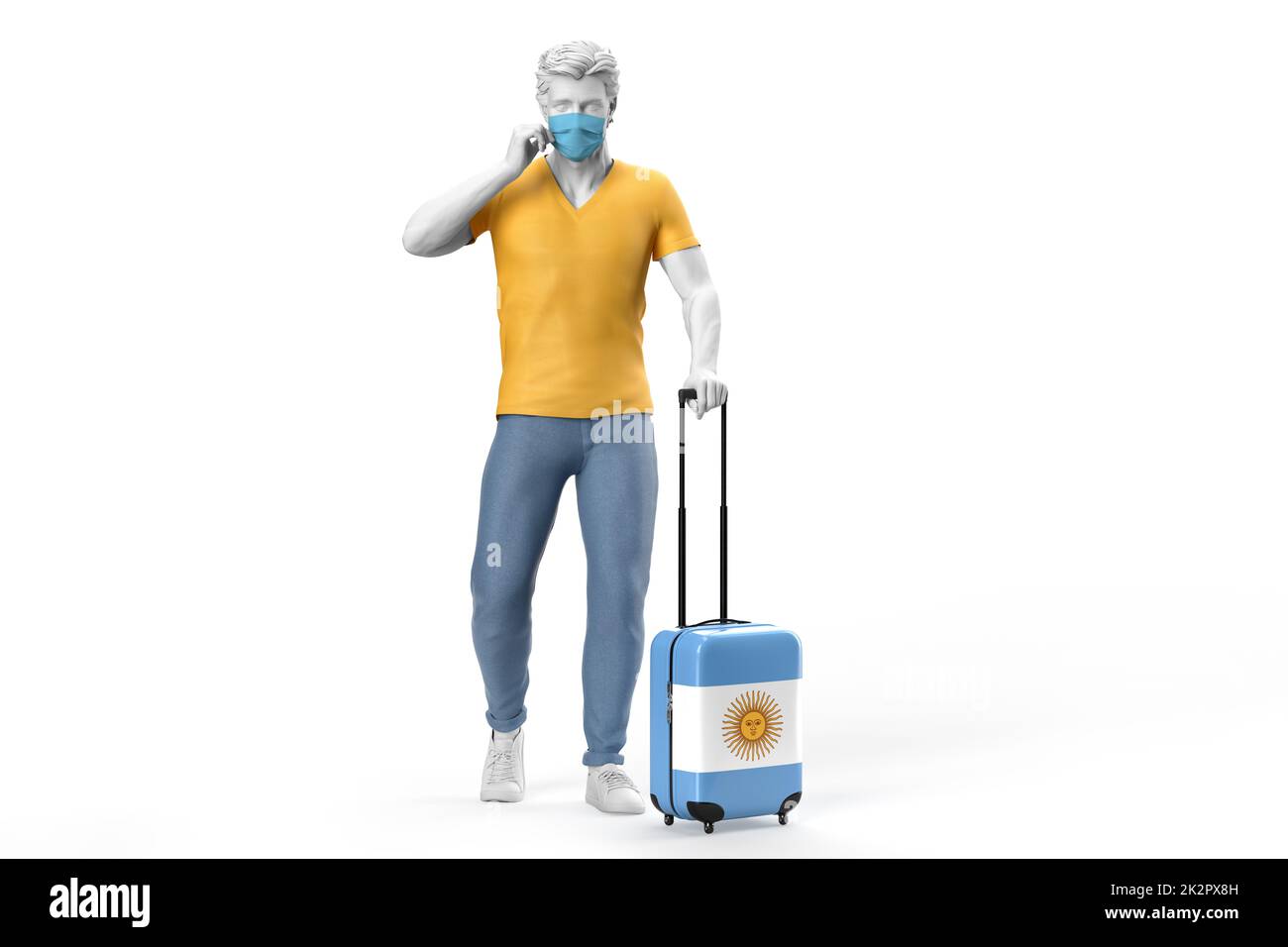 Mann trägt Gesichtsmaske zieht einen Koffer strukturiert mit Flagge von Argentinien. 3D-Illustration Stockfoto
