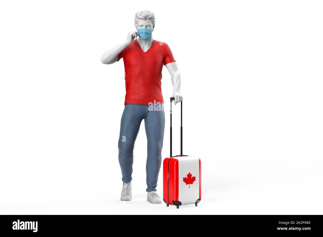 Mann trägt Gesichtsmaske zieht einen Koffer strukturiert mit Flagge von Kanada. 3D-Illustration Stockfoto