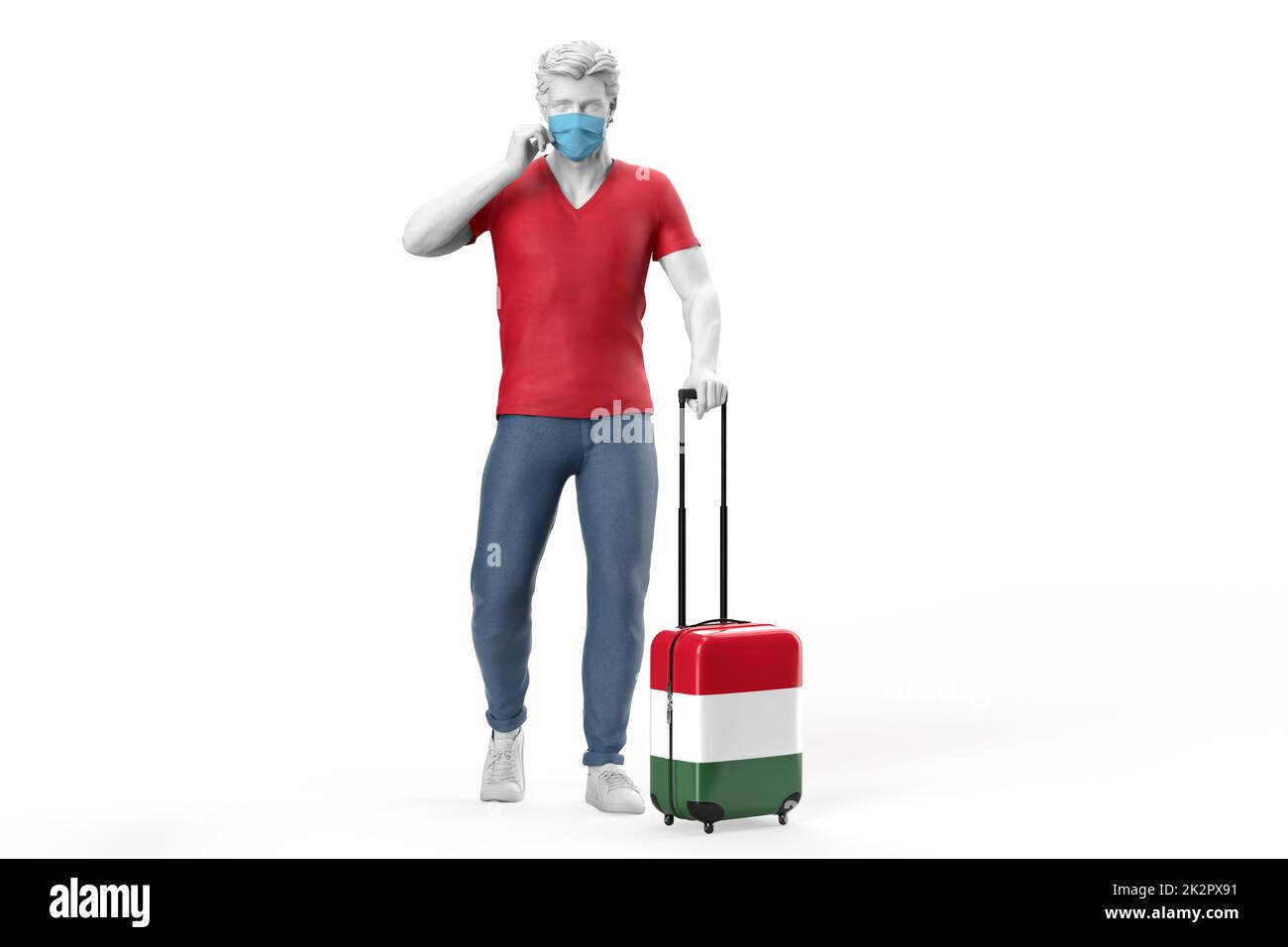 Mann trägt Gesichtsmaske zieht einen Koffer strukturiert mit Flagge von Ungarn. 3D-Illustration Stockfoto
