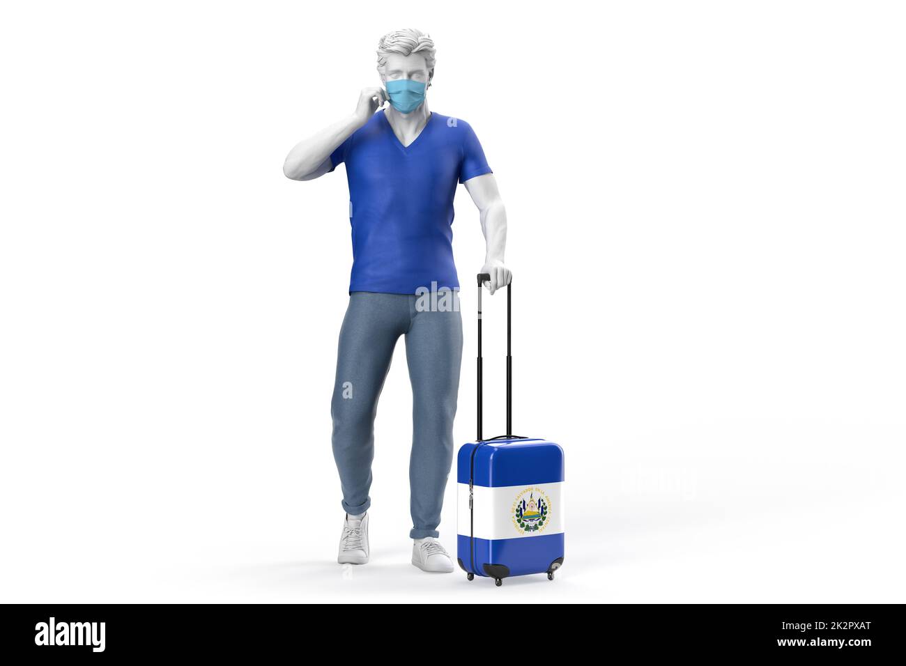 Mann trägt Gesichtsmaske zieht einen Koffer mit Flagge von El Salvador strukturiert. 3D-Rendering Stockfoto