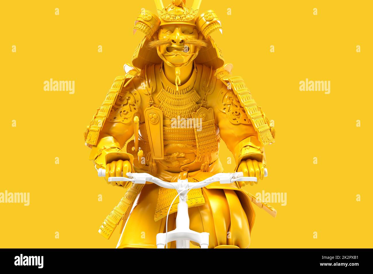 Nahaufnahme von Samurai in voller Rüstung auf dem Fahrrad. 3D-Illustration Stockfoto