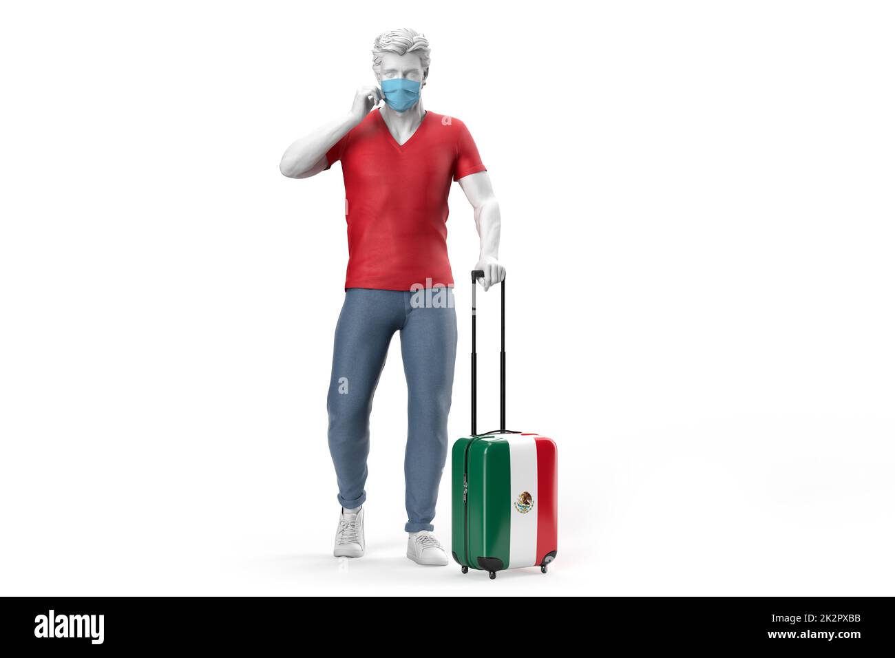 Mann trägt Gesichtsmaske zieht einen Koffer strukturiert mit Flagge von Mexiko. 3D-Rendering Stockfoto
