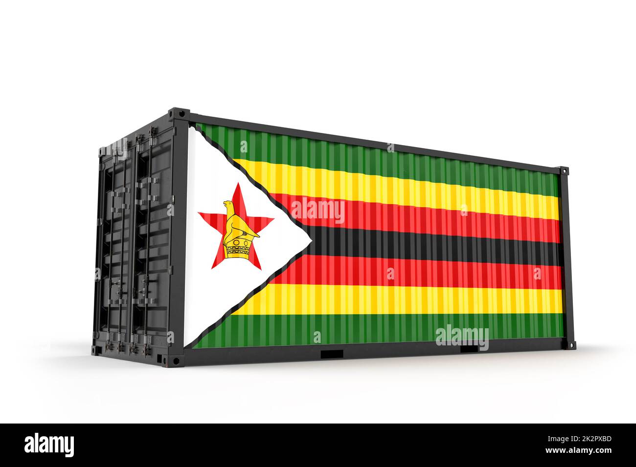 Realistischer Transportcontainer mit Flagge von Simbabwe strukturiert. Isoliert. 3D-Rendering Stockfoto