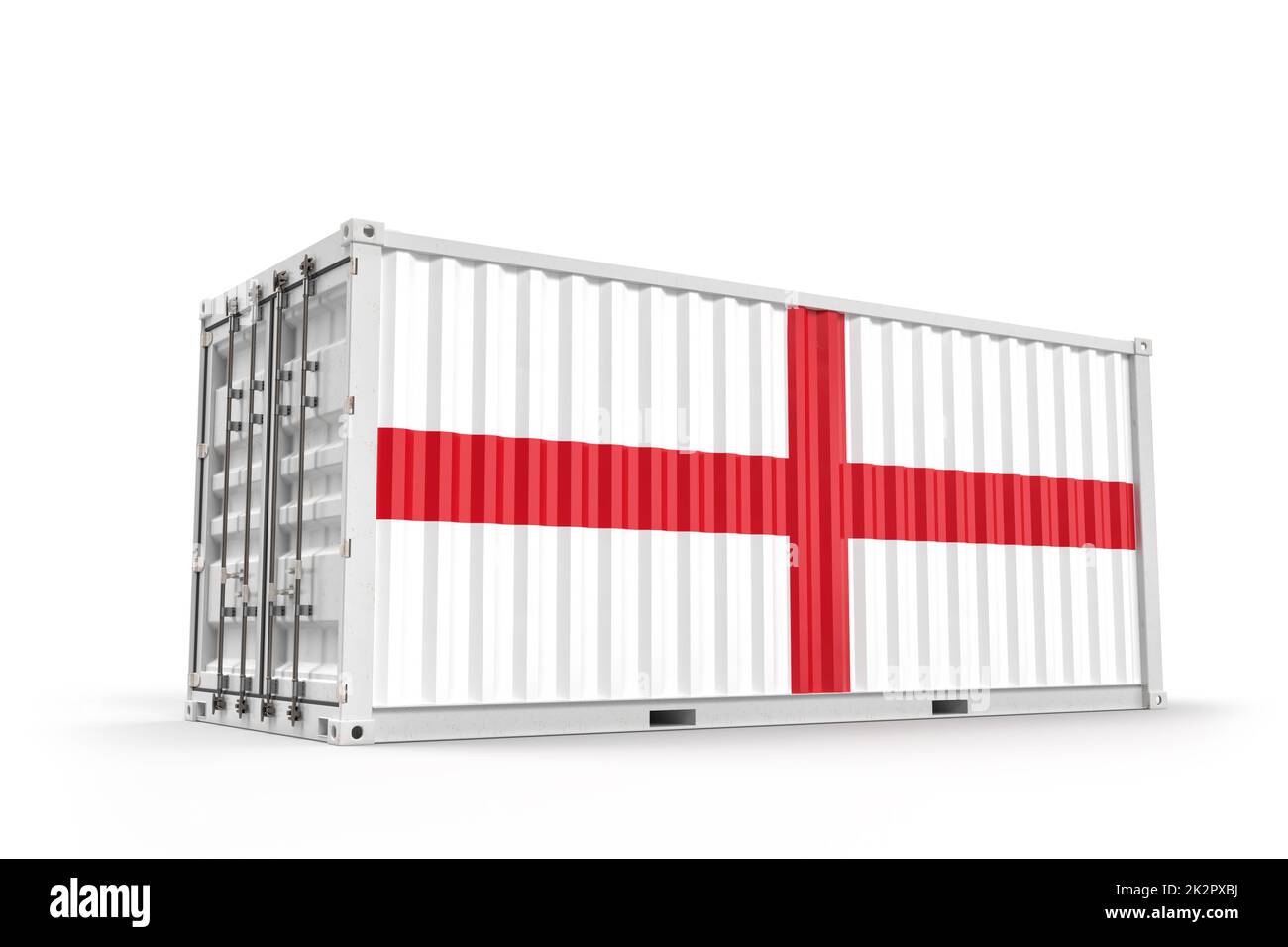 Realistischer Transportcontainer mit Flagge von England strukturiert. Isoliert. 3D-Rendering Stockfoto
