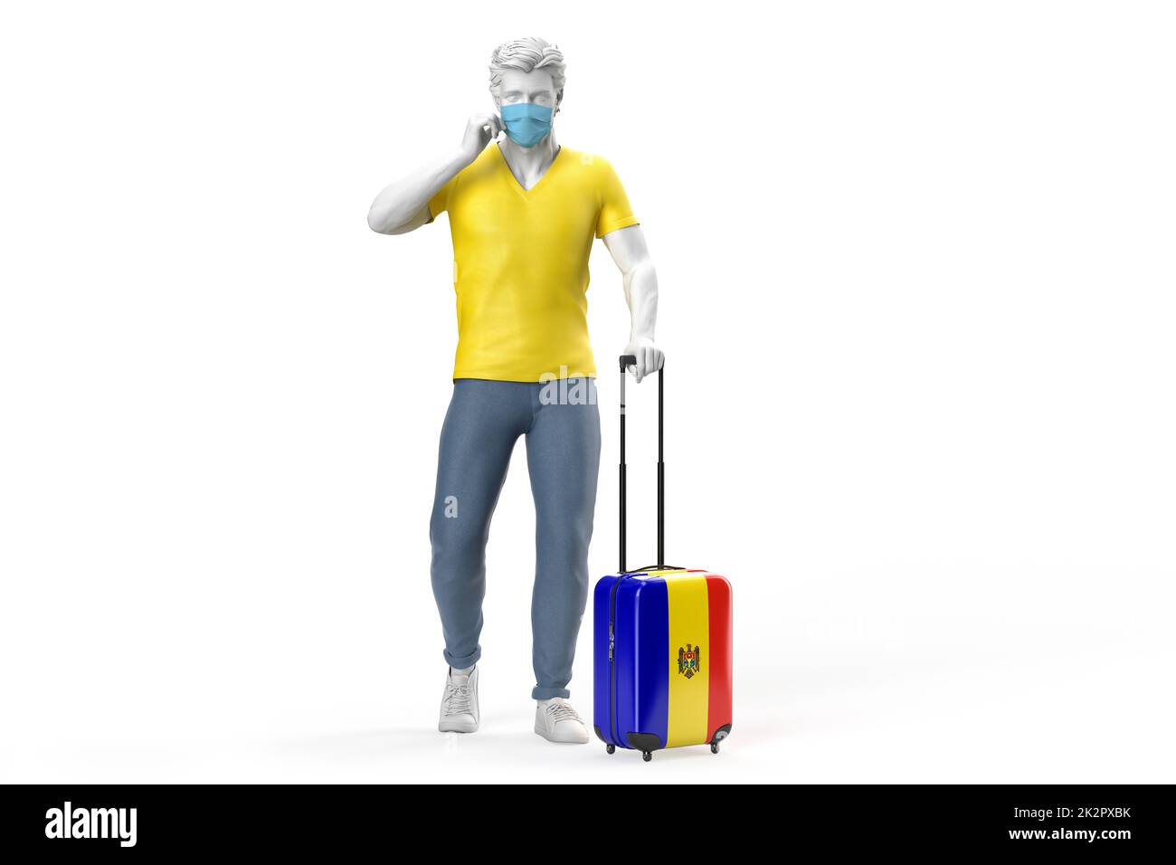 Mann trägt Gesichtsmaske zieht einen Koffer strukturiert mit Flagge von Moldawien. 3D-Rendering Stockfoto