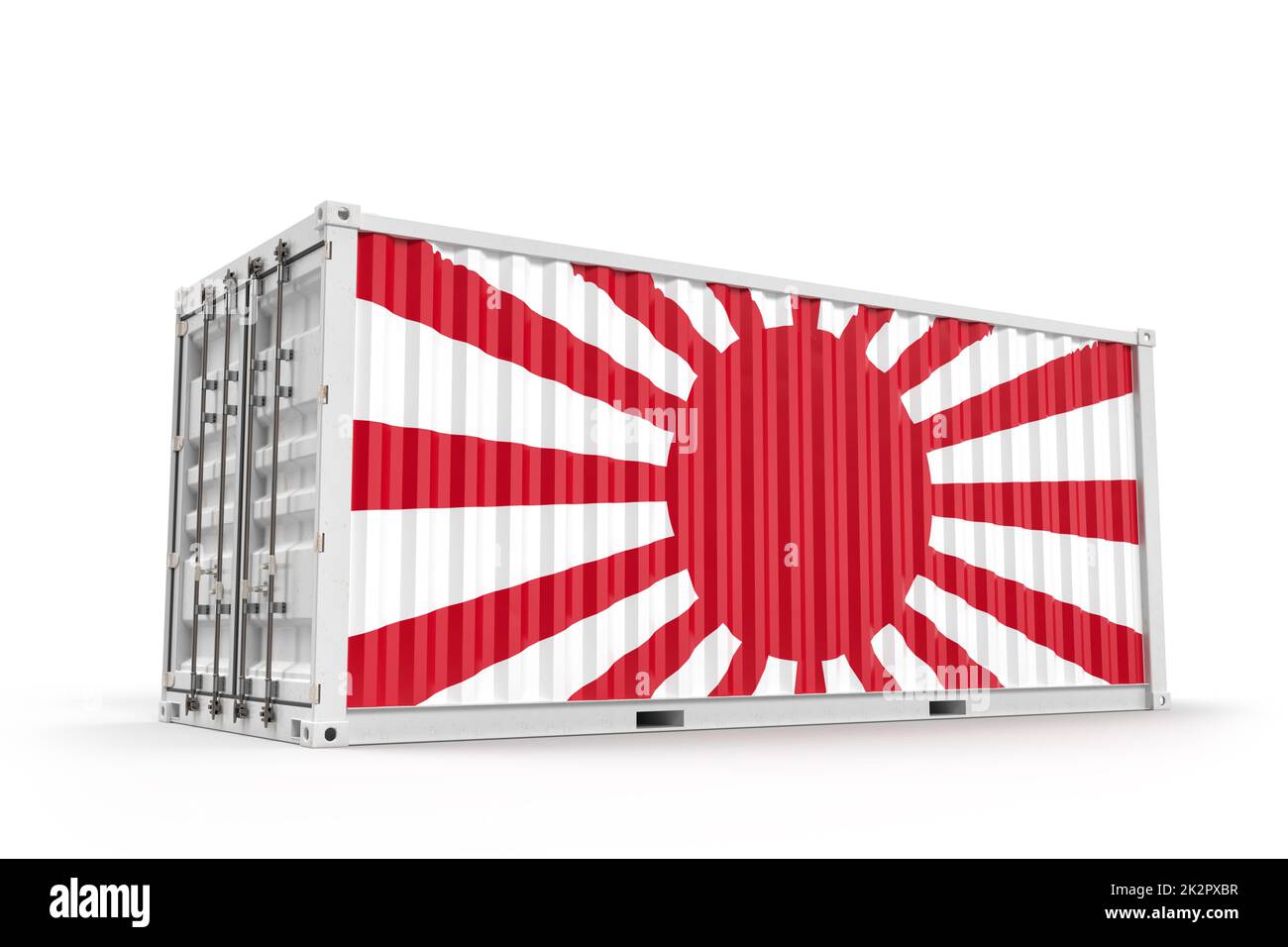 Realistischer Transportbehälter mit imperialer Flagge Japans strukturiert. Isoliert. 3D-Rendering Stockfoto
