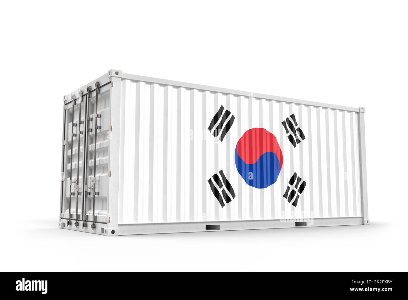 Realistischer Transportcontainer mit Flagge von Südkorea strukturiert. Isoliert. 3D-Rendering Stockfoto