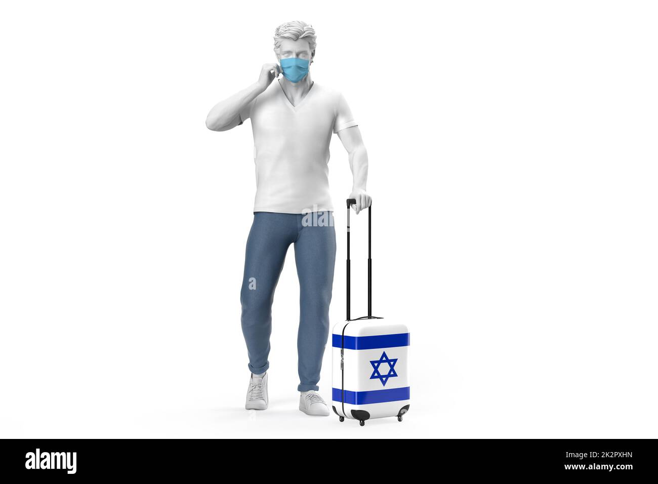 Mann trägt Gesichtsmaske zieht einen Koffer mit Flagge Israels strukturiert. 3D-Illustration Stockfoto