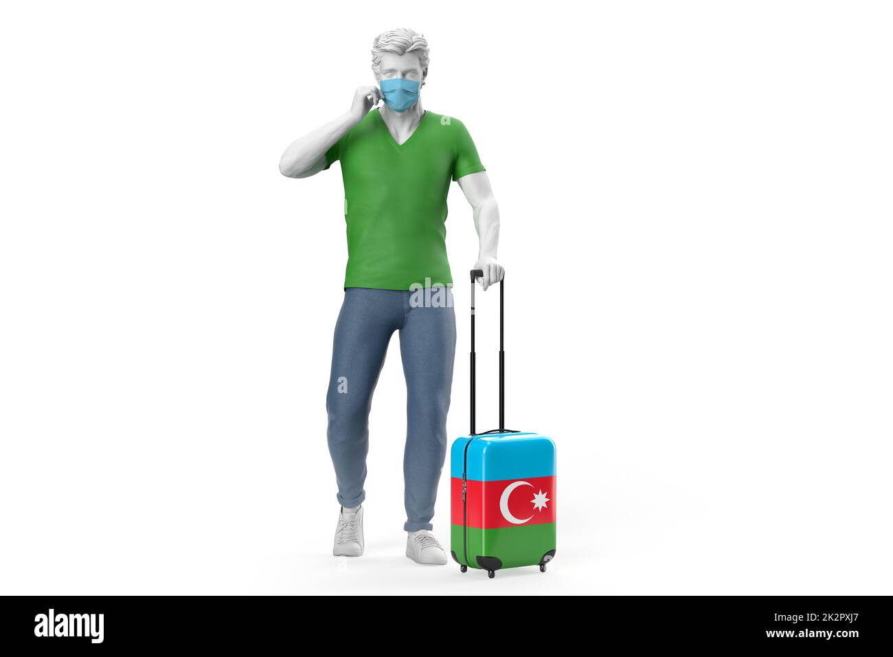 Mann trägt Gesichtsmaske zieht einen Koffer strukturiert mit Flagge von Aserbaidschan. 3D-Illustration Stockfoto