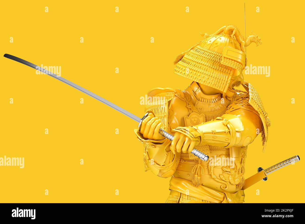Nahaufnahme des kämpfenden Samurai in voller Rüstung. 3D-Rendering Stockfoto