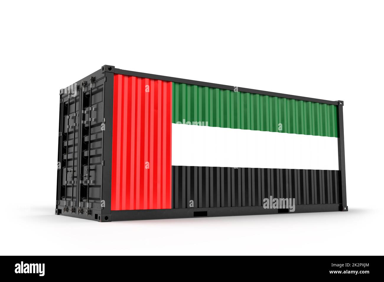 Realistischer Transportcontainer mit Flagge der Vereinigten Arabischen Emirate strukturiert. Isoliert. 3D-Rendering Stockfoto