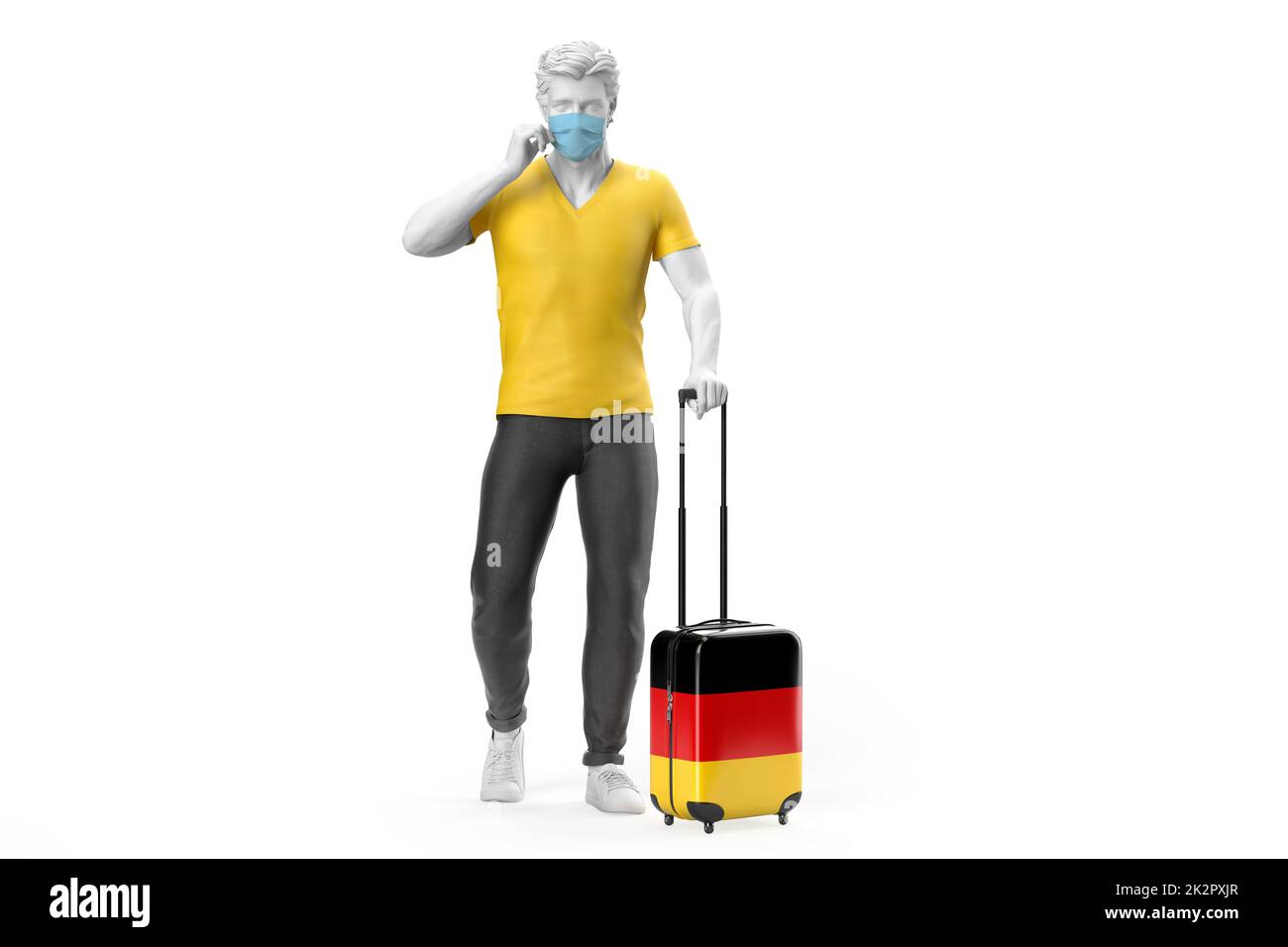 Mann trägt Gesichtsmaske zieht einen Koffer strukturiert mit Flagge von Deutschland. 3D-Illustration Stockfoto