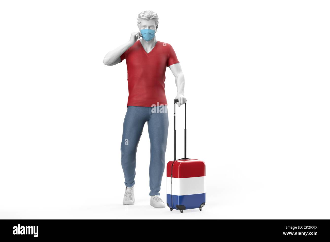 Mann trägt Gesichtsmaske zieht einen Koffer strukturiert mit Flagge der Niederlande. 3D-Illustration Stockfoto