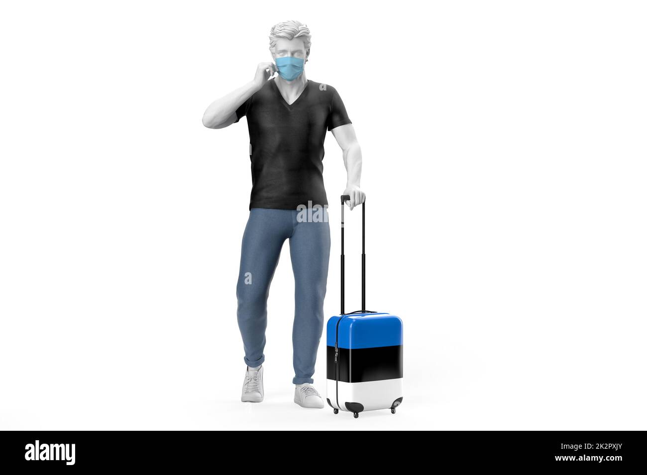 Mann mit Gesichtsmaske zieht einen Koffer mit einer Flagge Estlands. 3D-Illustration Stockfoto